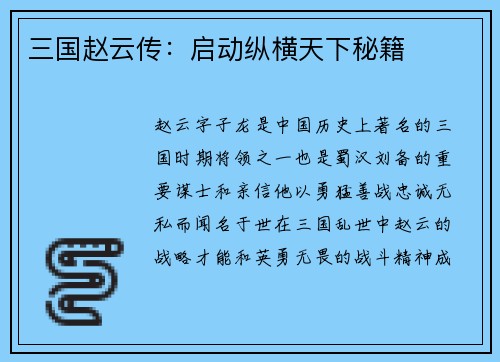 三国赵云传：启动纵横天下秘籍